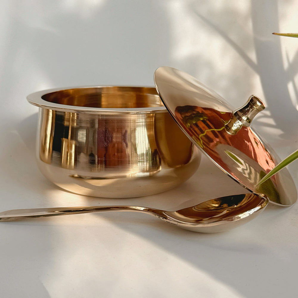 Bronze Serving Bowl with Lid and Spoon | Kansa Serve Bowl | 500ml