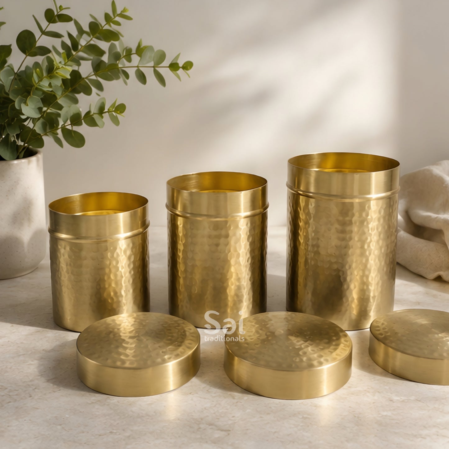 Brass Handcrafted Kitchen Storage Box | Set of 3 | Matte Hammered – Multipurpose Brass Dabba