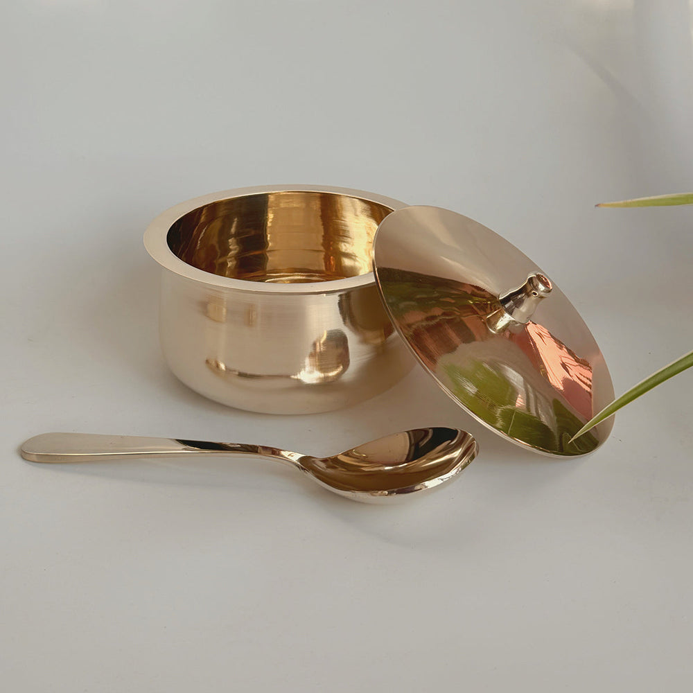 Bronze Serving Bowl with Lid and Spoon | Kansa Serve Bowl | 500ml