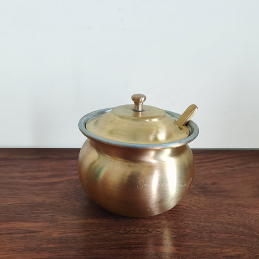 Brass Ghee Pot | Traditional Brass Ghee Storage Container | Matte Finish with Spoon & Lid