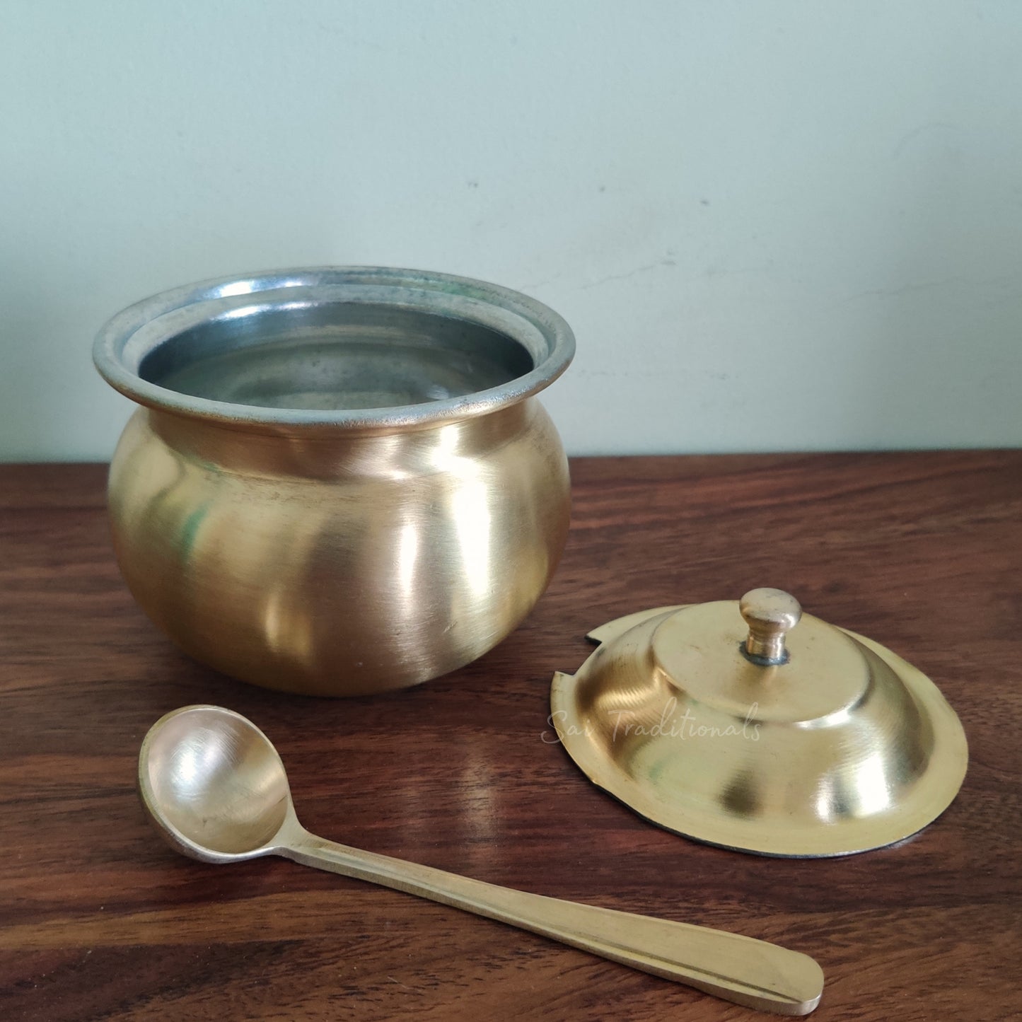 Brass Ghee Pot | Traditional Brass Ghee Storage Container | Matte Finish with Spoon & Lid