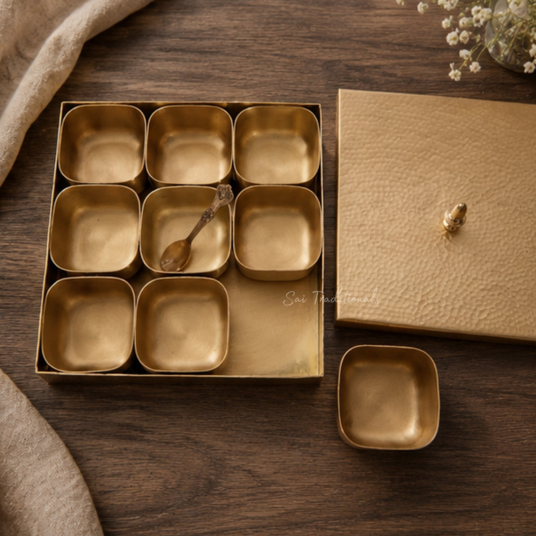 Brass Square Spice / Masala Box | Peetal - Pithalai Anjaraipetti | Matte - Hammered