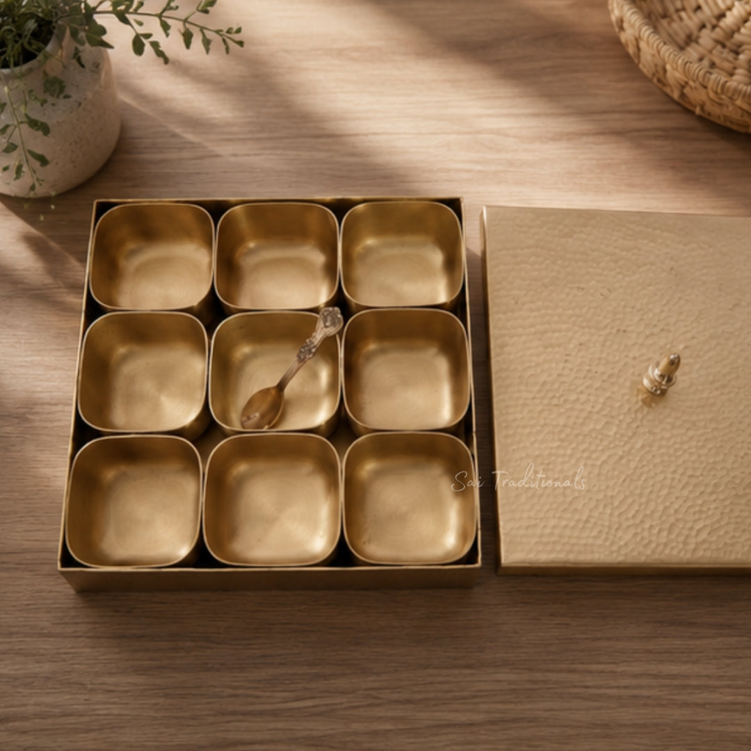 Brass Square Spice / Masala Box | Peetal - Pithalai Anjaraipetti | Matte - Hammered