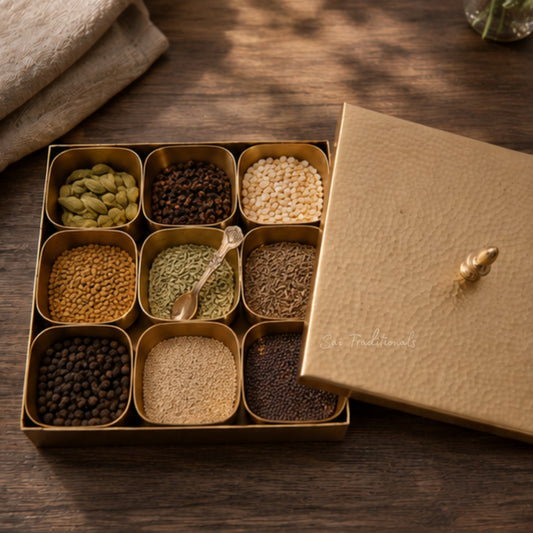 Brass Square Spice / Masala Box | Peetal - Pithalai Anjaraipetti | Matte - Hammered