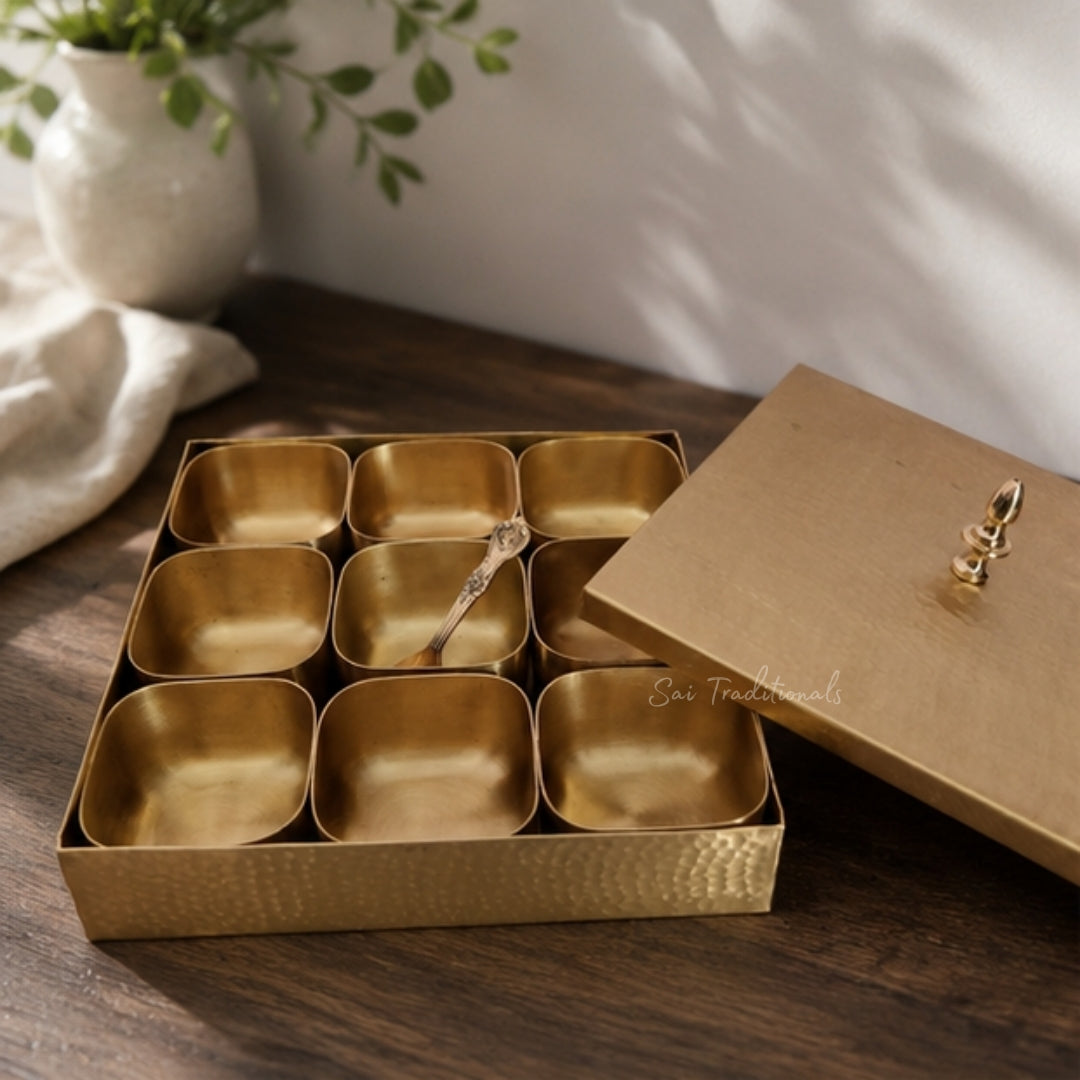 Brass Square Spice / Masala Box | Peetal - Pithalai Anjaraipetti | Matte - Hammered