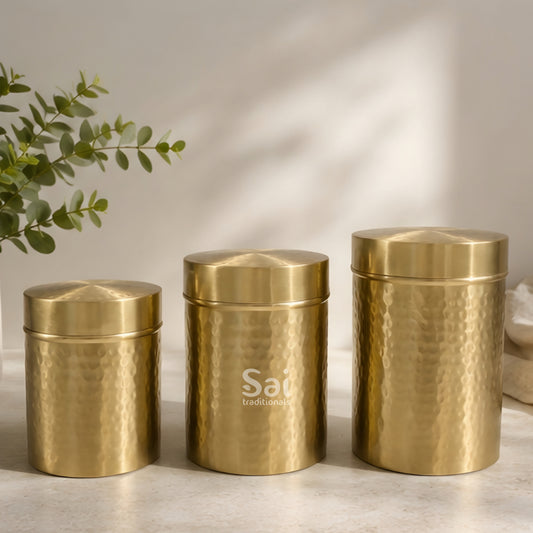 Brass Handcrafted Kitchen Storage Box | Set of 3 | Matte Hammered – Multipurpose Brass Dabba