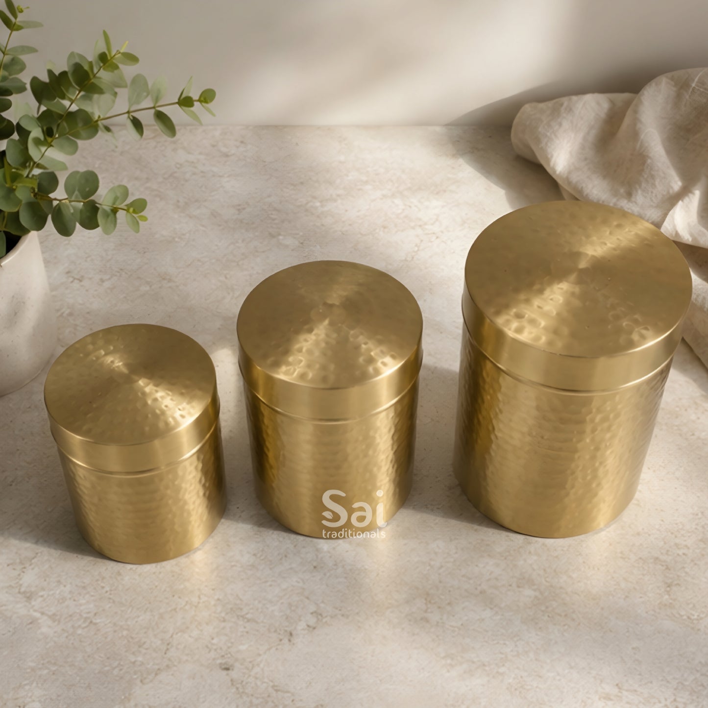 Brass Handcrafted Kitchen Storage Box | Set of 3 | Matte Hammered – Multipurpose Brass Dabba