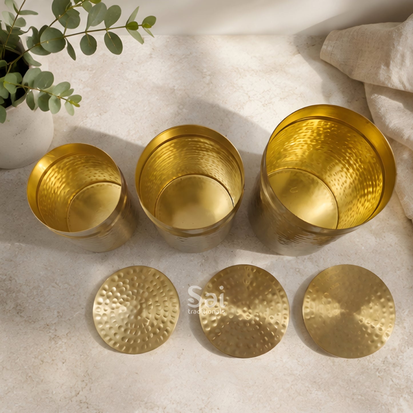 Brass Handcrafted Kitchen Storage Box | Set of 3 | Matte Hammered – Multipurpose Brass Dabba