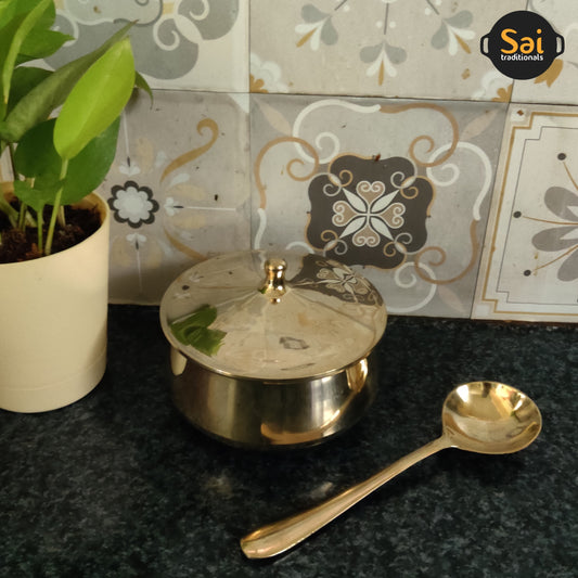 Bronze Serving Bowl with Lid and Spoon | Kansa Serve Bowl | 500ml