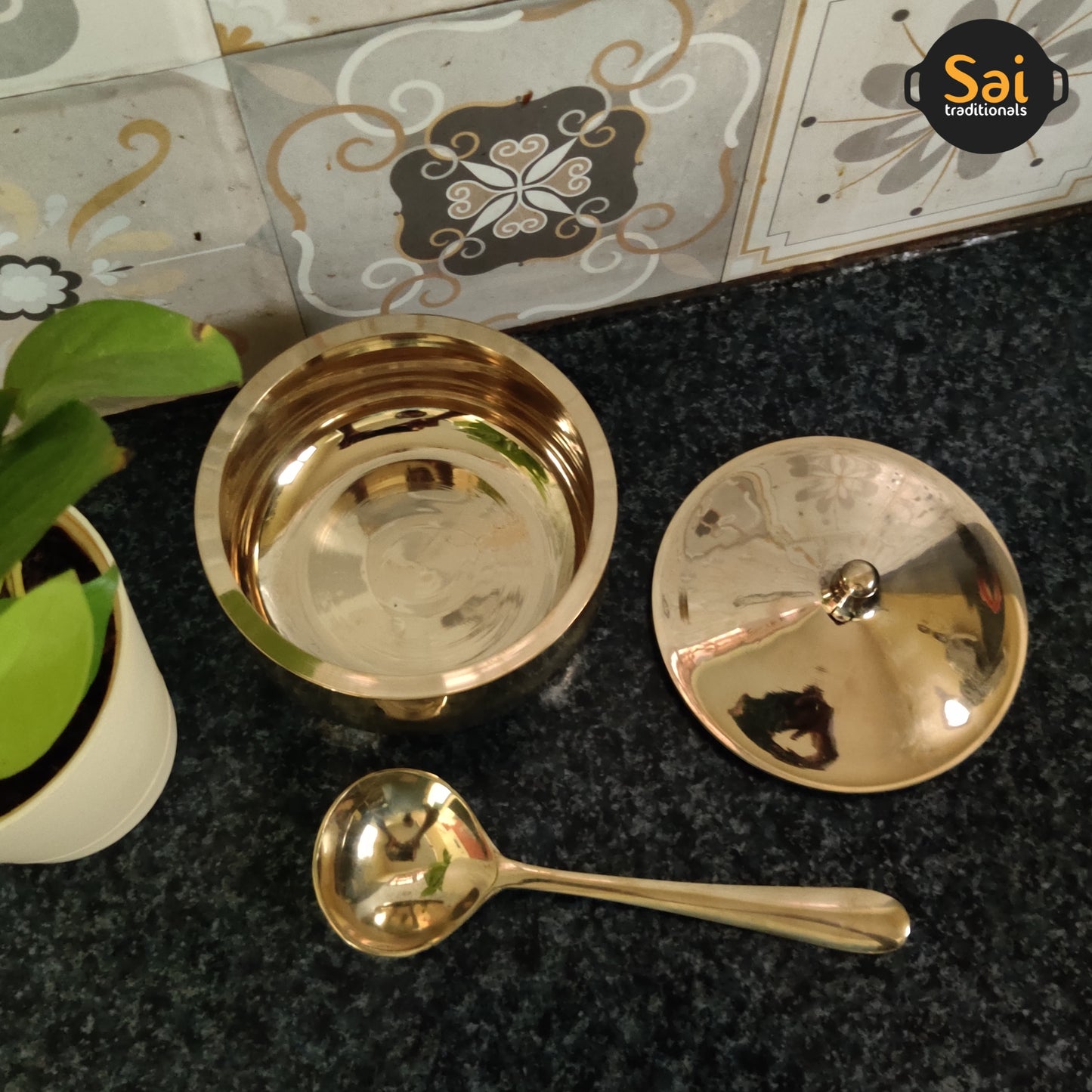 Bronze Serving Bowl with Lid and Spoon | Kansa Serve Bowl | 500ml